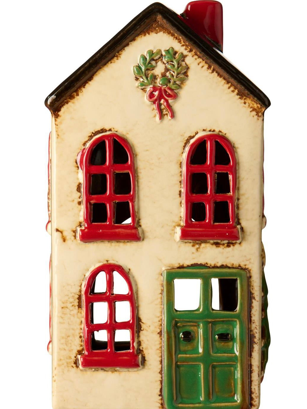 Haus für Teelicht Stillenat, hell mit braunem Dach und grüner Tür