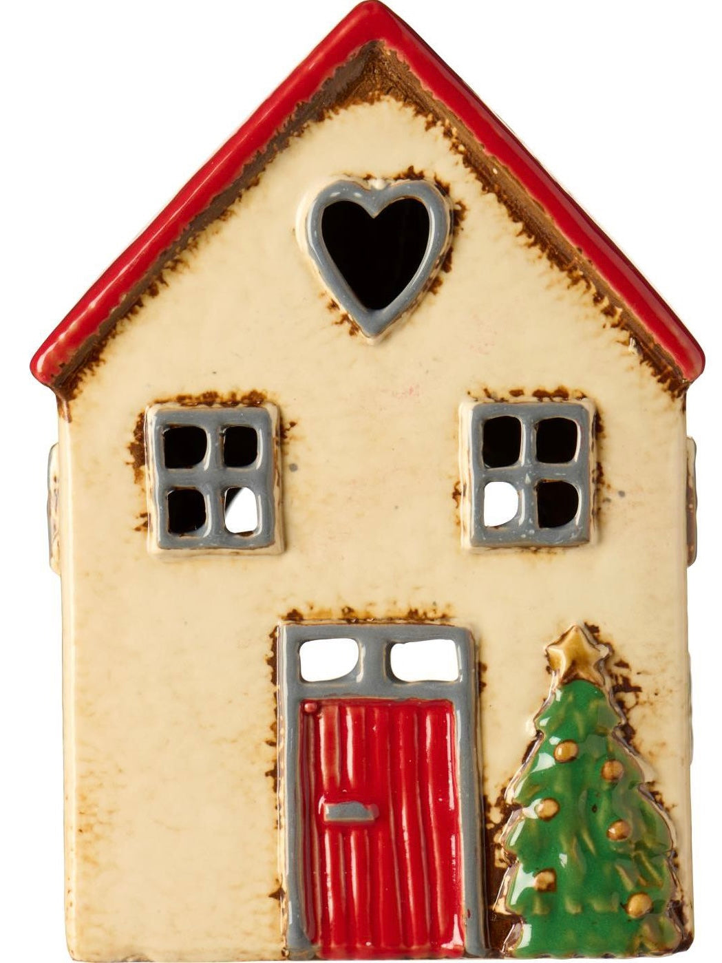 Haus für Teelicht Stillenat, hell mit rotem Dach und Tannenbaum
