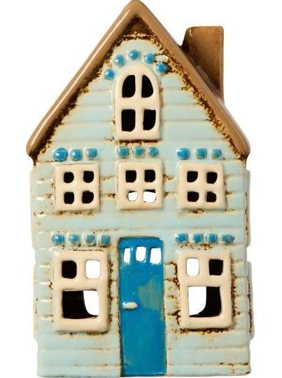 Haus für Teelicht Visby hellblau, braunes Dach