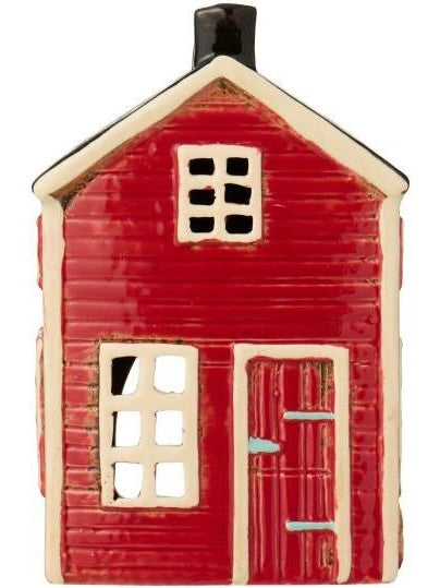 Haus für Teelicht Visby, rot mit Schlitten an der Seite