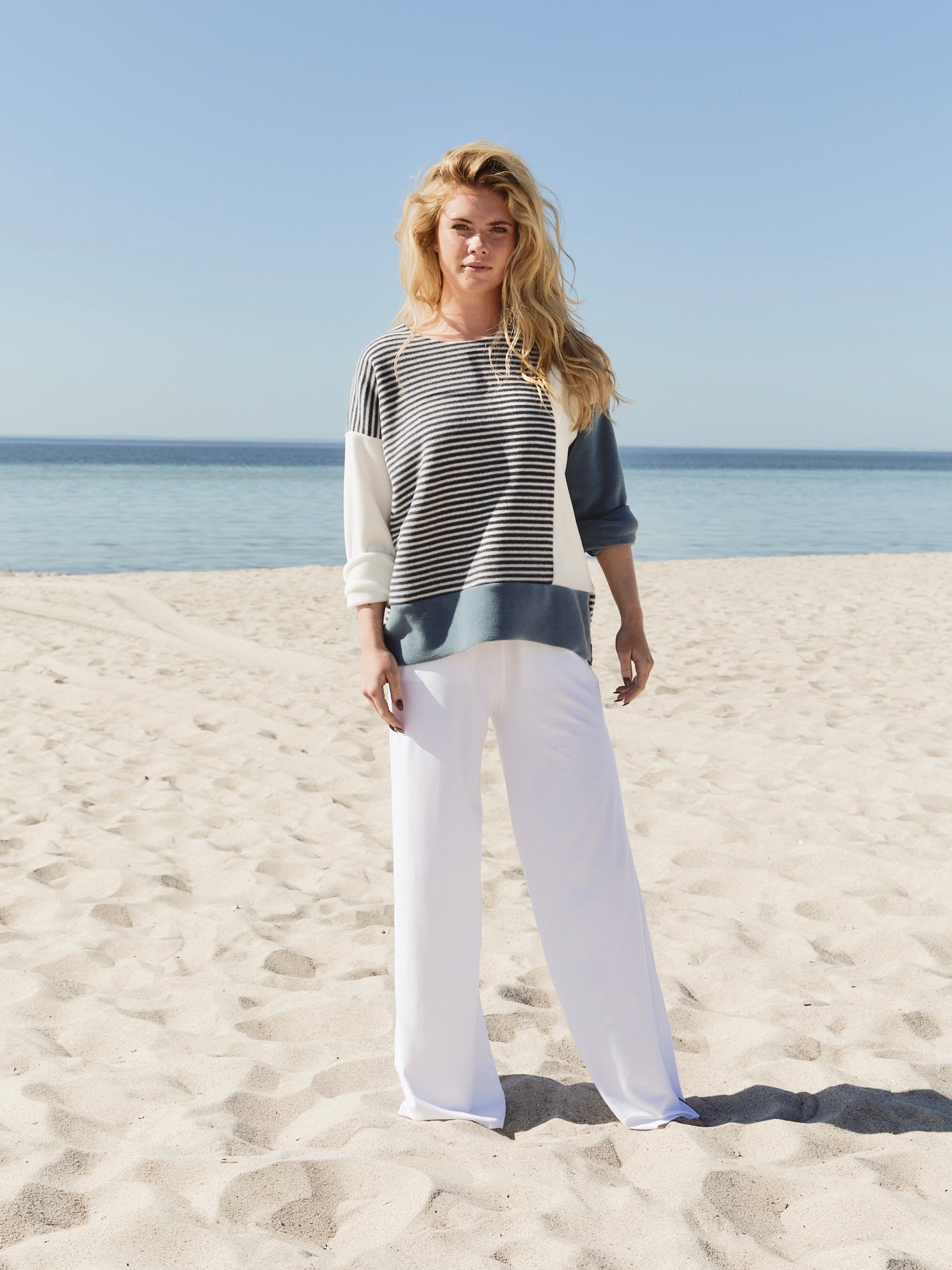 Fleece Pullover 1407 PATCH dusty blue/offwhite/blue stripe