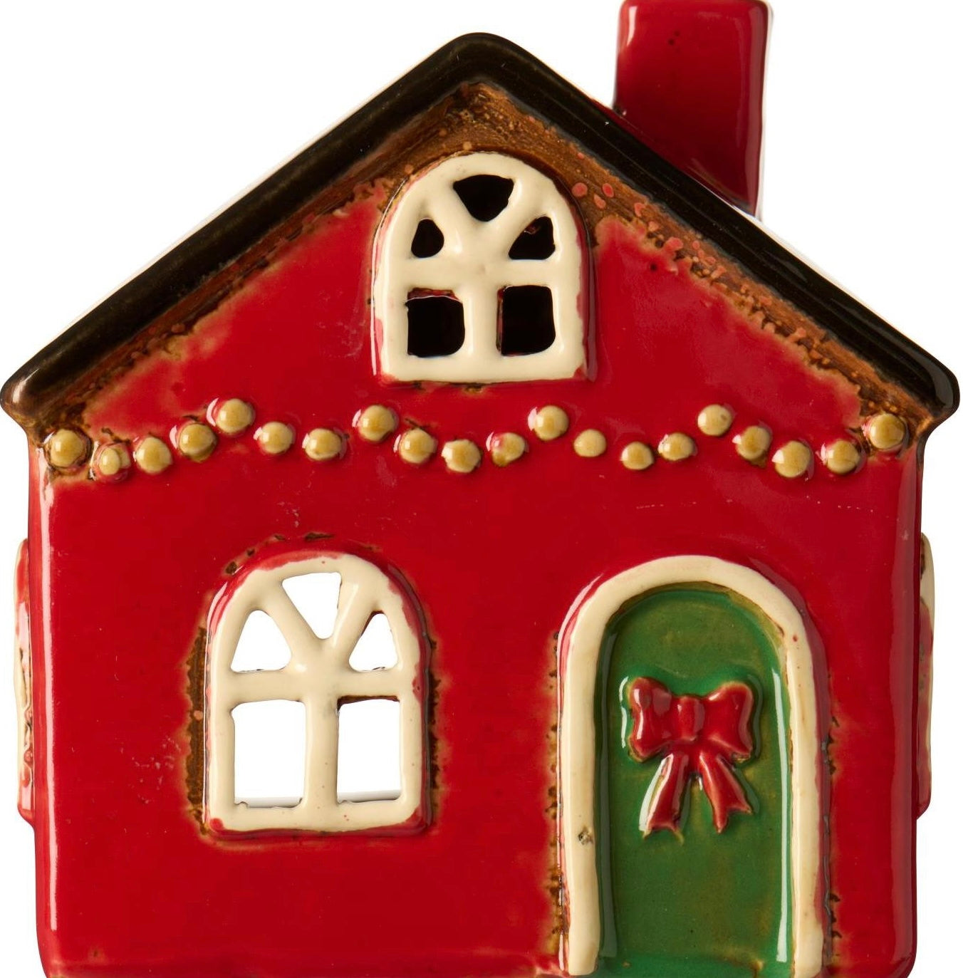 Haus für Teelicht Stillenat, rot mit braunem Dach und grüner Tür